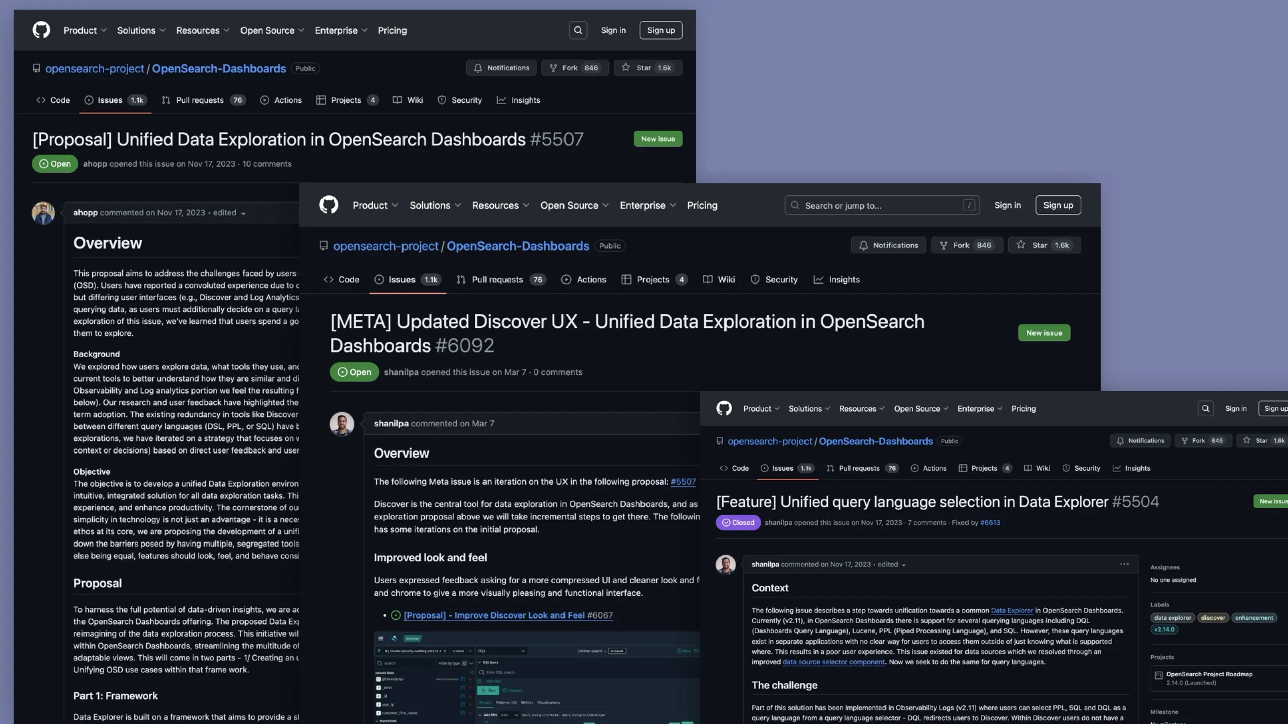 GitHub issues and proposals documenting design decisions in the open