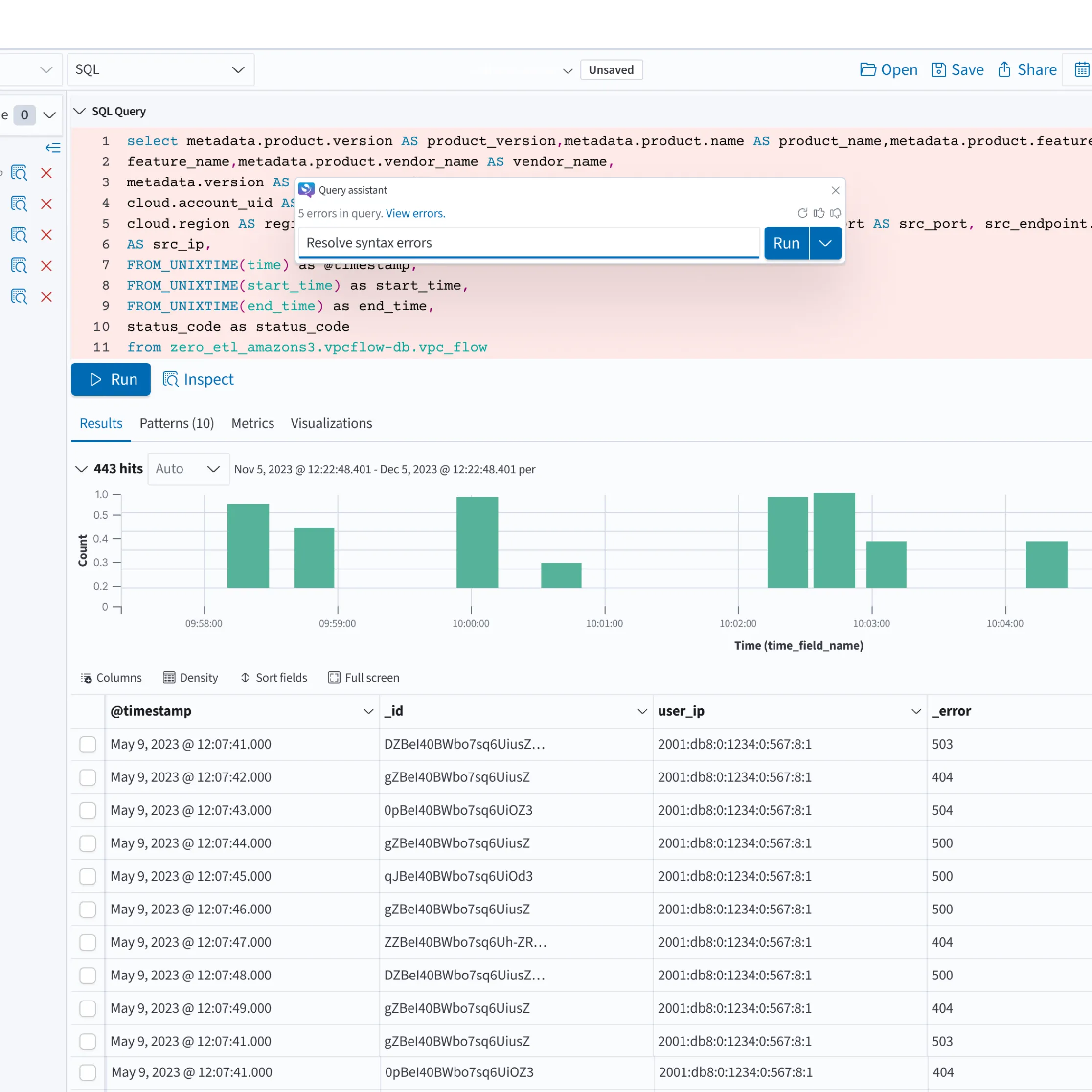Query error diagnosis interface showing contextual suggestions