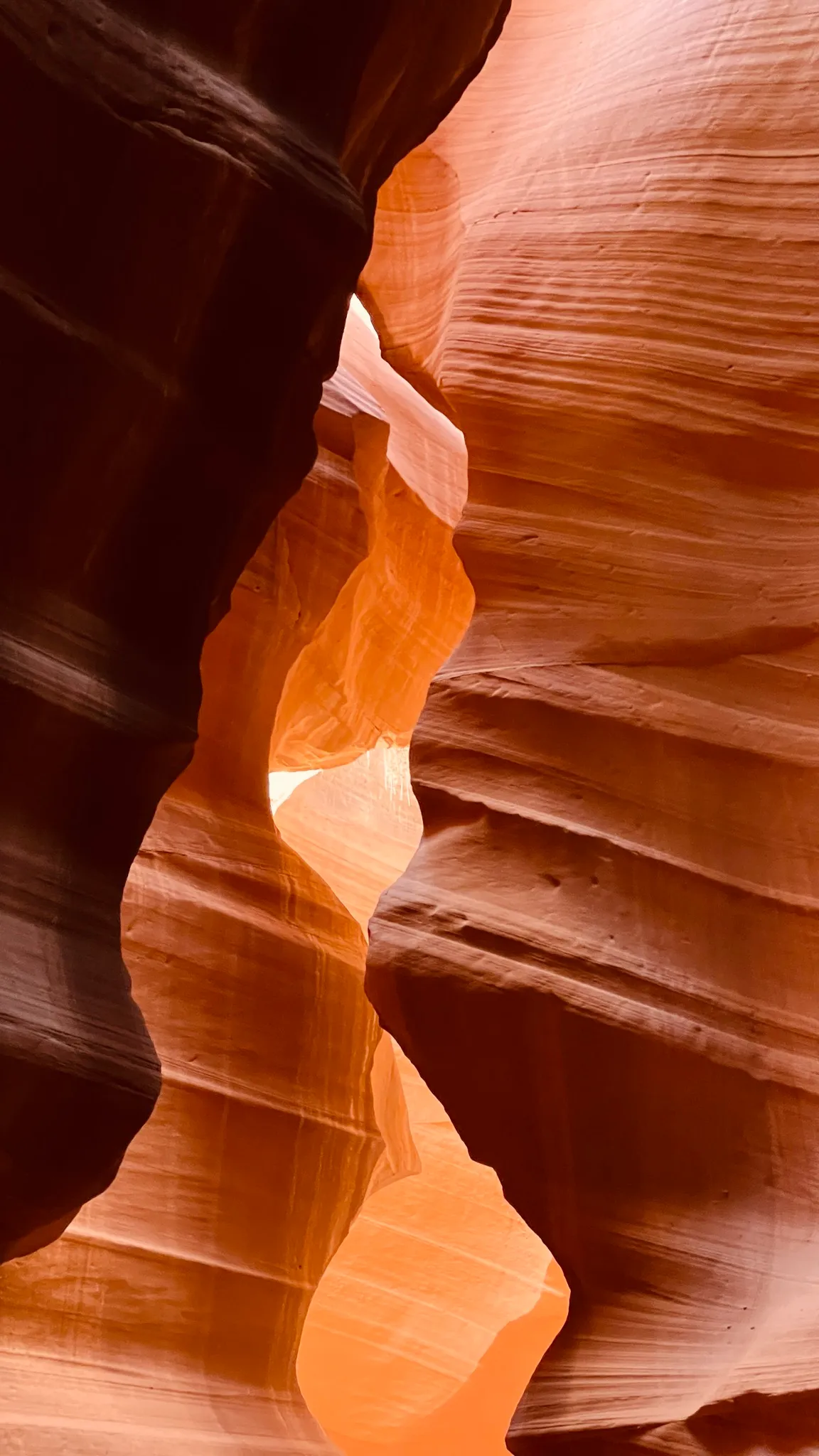Layered orange sandstone walls curving overhead inside a narrow slot canyon